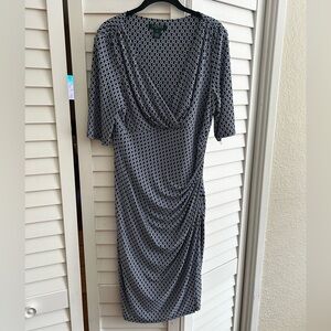 Lauren Ralph Lauren Ruched Midi Dress Geo Print Blue Black – Size 14
